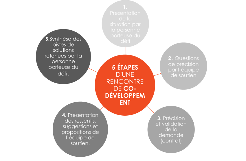 Schéma représentant les 5 étapes d'une rencontre de codéveloppement