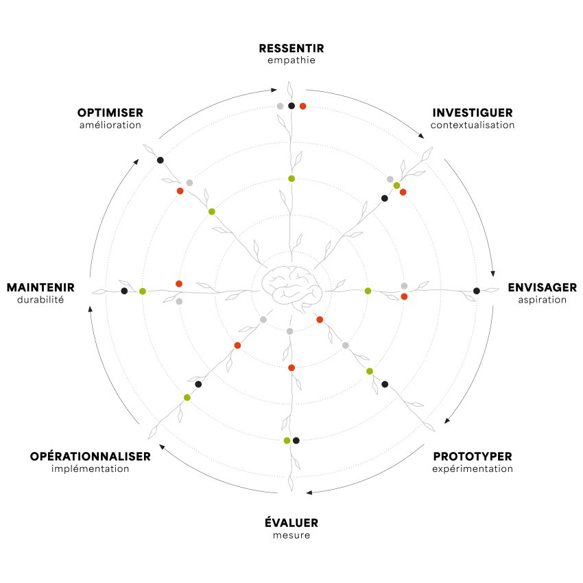 Visuel inspiré du Leadership Circle représentant les compétences complémentaires des membres de l'équipe d'OROKOM.